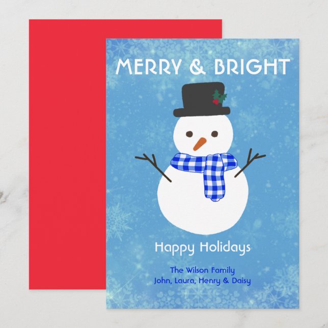 Snowman Merry & Bright Happy Holidays Custom Holiday Card (Front/Back)