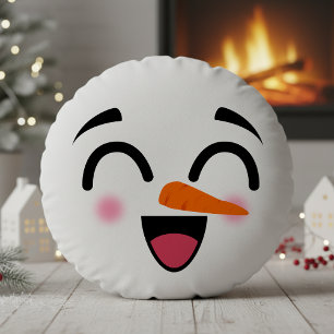Snowman Merry Christmas Cute Smiling Face Winter Round Cushion
