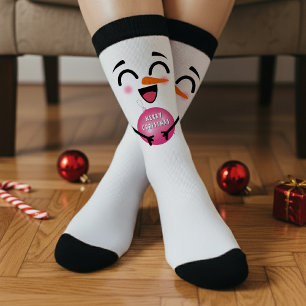 Snowman Merry Christmas Cute Smiling Face Winter Socks
