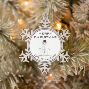 Snowman Merry Christmas Festive Winter Cute Snowflake Pewter Christmas Ornament
