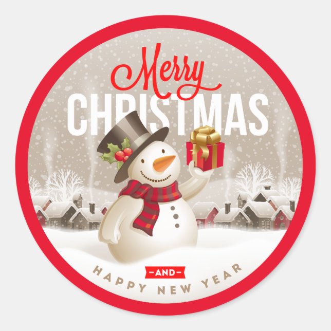 Snowman Merry Christmas Holiday Envelope Classic Round Sticker (Front)