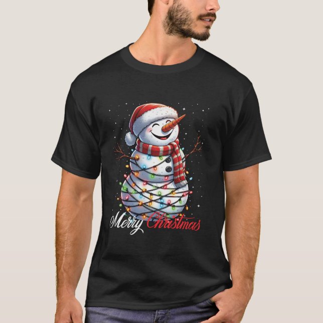 Snowman Merry Christmas Lights Santa Hat Xmas Snow T-Shirt (Front)