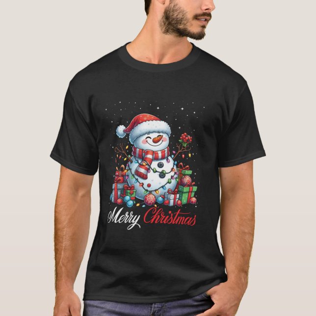 Snowman Merry Christmas Lights Santa Hat Xmas Snow T-Shirt (Front)