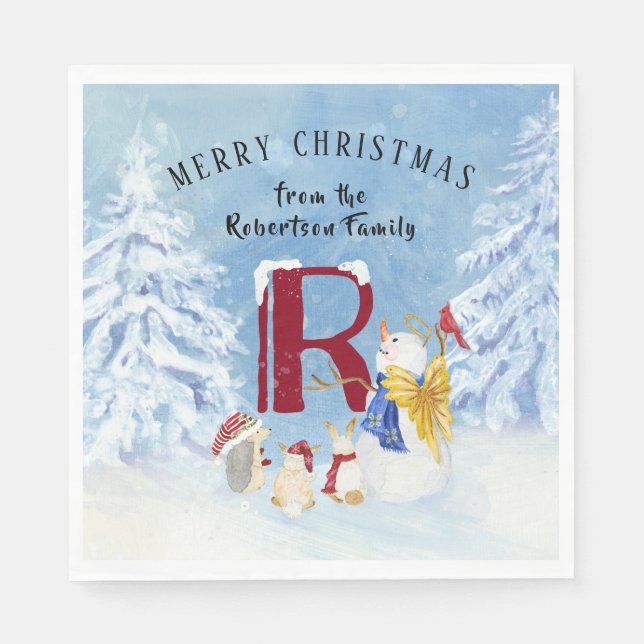 Snowman Merry Christmas Party Woodland Forest Napkin (Front)