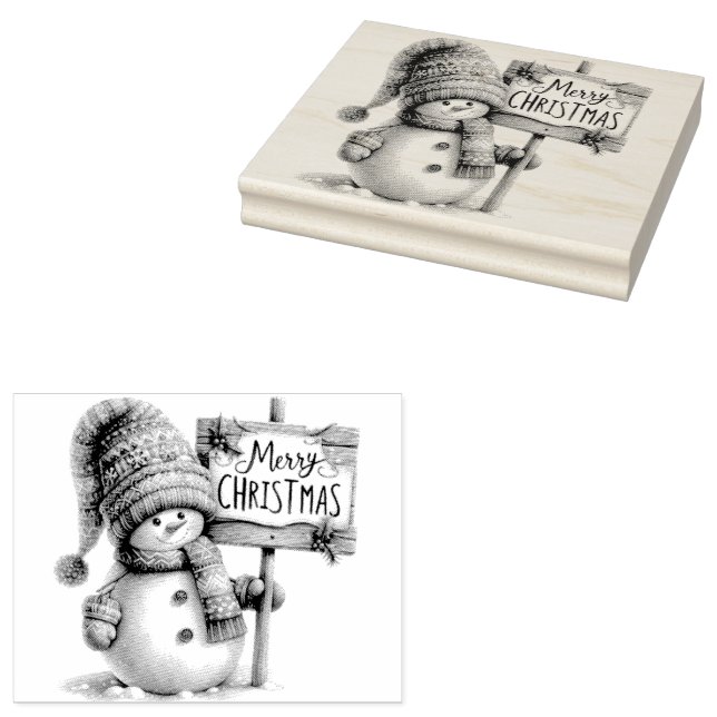 Snowman Merry Christmas Rubber Stamp (Stamped)