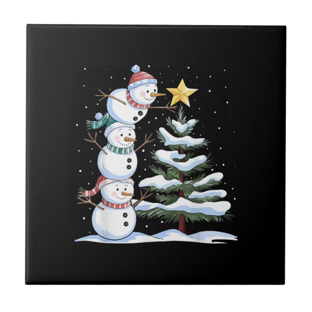 Snowman Merry Christmas Santa Claus Tree Snow Fami Tile (Front)