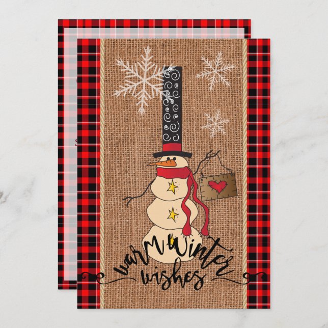 Snowman Merry Christmas with Plaid and Burlap Invitation (Front/Back)