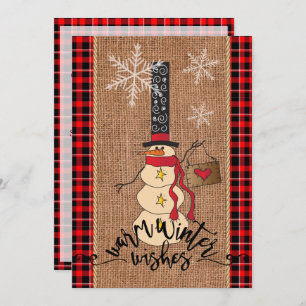 Snowman Merry Christmas with Plaid and Burlap Invitation