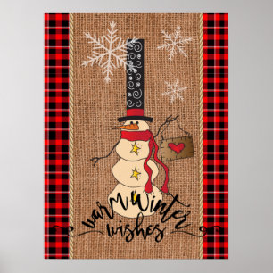 Snowman Merry Christmas with Plaid and Burlap Poster