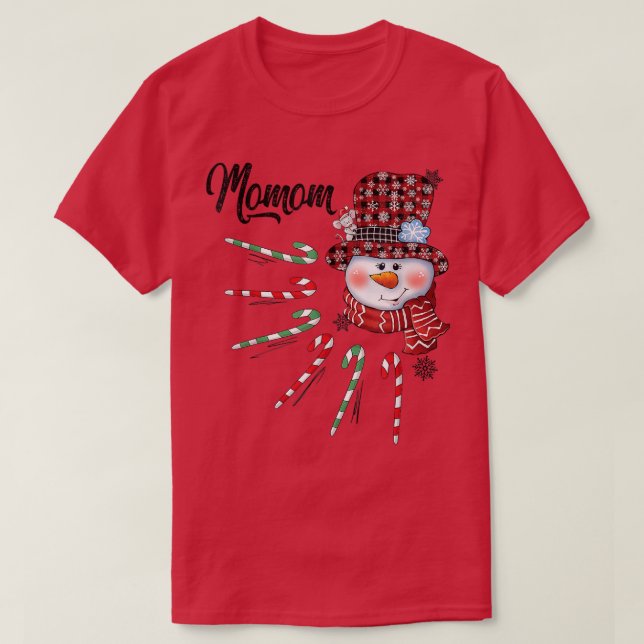 Snowman Momom Candy Cane Red Plaid Christmas Gifts T-Shirt (Design Front)