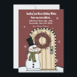 Snowman Moving Announcement Card<br><div class="desc">A delightful, wintery design featuring a whimsical snowman dressed in his scarf and hat at his front door. The door has a beautiful berry wreath and a light snow is falling. The card is easy to customise with your wording, font, font colour and choice of six paper types. Not exactly...</div>