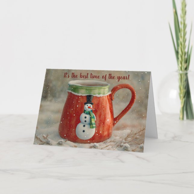 Snowman Mug Fun Whimsical Christmas Card (Front)