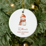 Snowman Name Baby's First Christmas Ceramic Tree Decoration<br><div class="desc">Cute Pink Nutrcraker Baby's First Christmas Ceramic Ornament (Edit)</div>