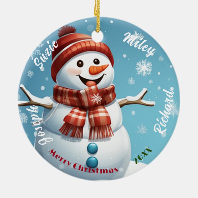 Snowman Name Ornament, Personalised Christmas Ceramic Tree Decoration (Back)
