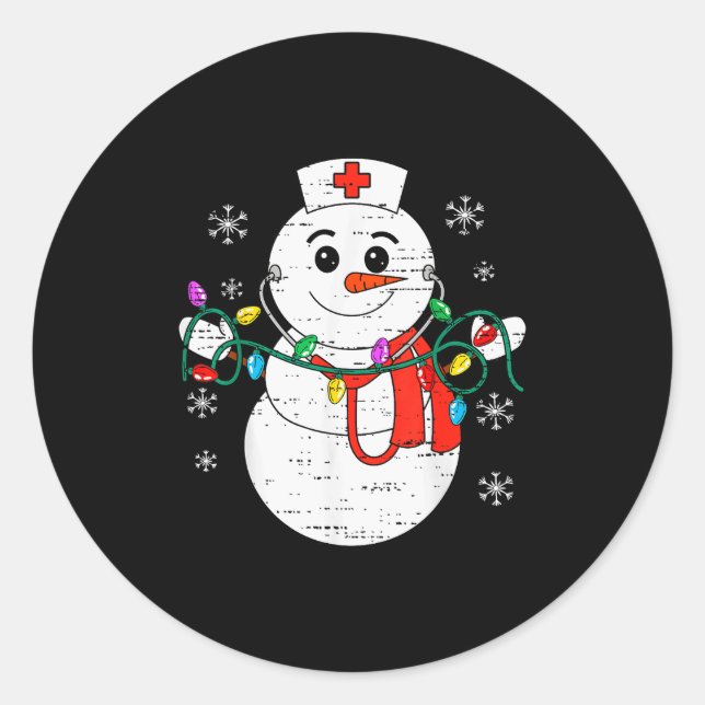 Snowman Nurse Christmas Stethoscope Xmas Scrub Top Classic Round Sticker (Front)