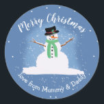 snowman of Christmas present merry gift Classic Round Sticker<br><div class="desc">Stickers ideal to add to your business parcel or postage envelopes designed by The Arty Apples Limited</div>