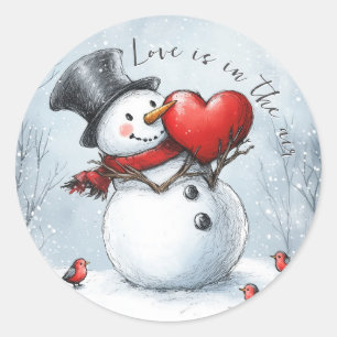 Snowman Offers Love with a Big Heart Classic Round Sticker