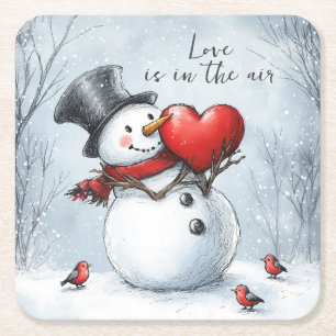 Snowman Offers Love with a Big Heart Square Paper Coaster