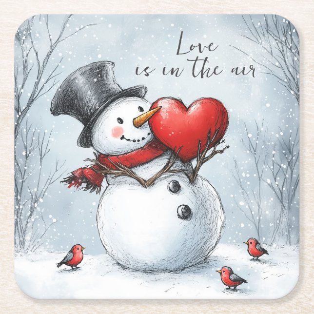 Snowman Offers Love with a Big Heart Square Paper Coaster (Front)