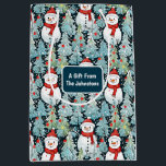 Snowman on a Winter Day Christmas Personalised Medium Gift Bag<br><div class="desc">Personalised Christmas gift bag with snowmen in warm red scarves and a pretty blue pine tree background.</div>