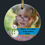 Snowman on Blue and Red Merry Christmas Photo Ceramic Tree Decoration<br><div class="desc">Snowman on a blue and red photo Christmas ornament.  Personalise with your child's photo,  and this will make the perfect gift for grandparents,  aunts,  uncles,  or anyone.  Use the Customise button to change font,  font size,  colour or placement.</div>