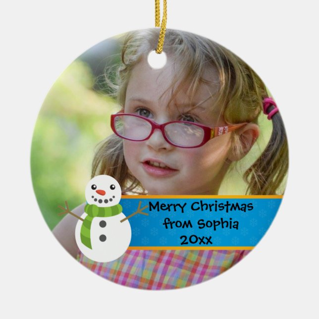 Snowman on Blue and Red Merry Christmas Photo Ceramic Tree Decoration (Front)