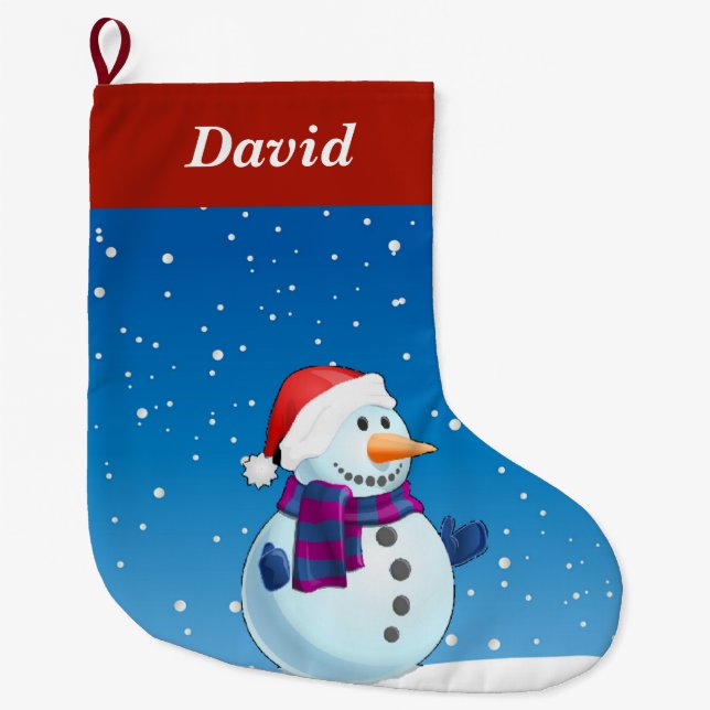 Snowman on blue large christmas stocking (Front)