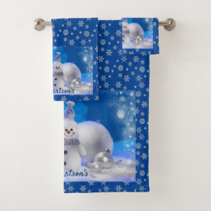 Snowman on Blue Personalise Name Bathroom Bath Towel Set