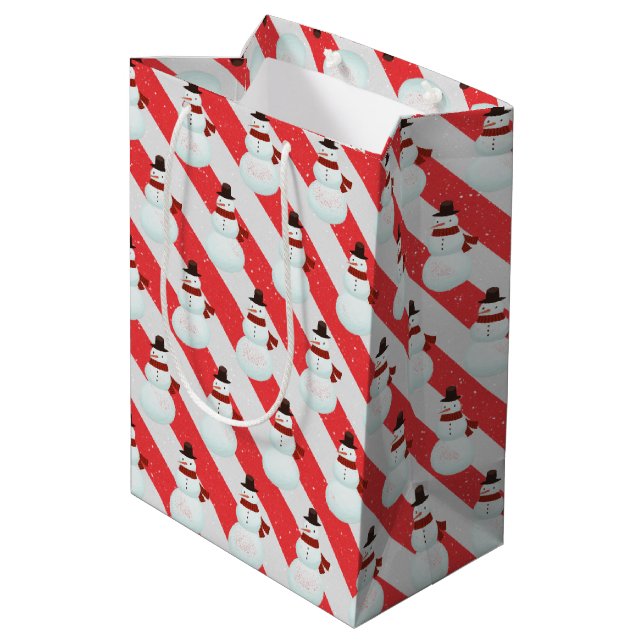 Snowman On Candy Cane Stripe Medium Gift Bag (Back Angled)