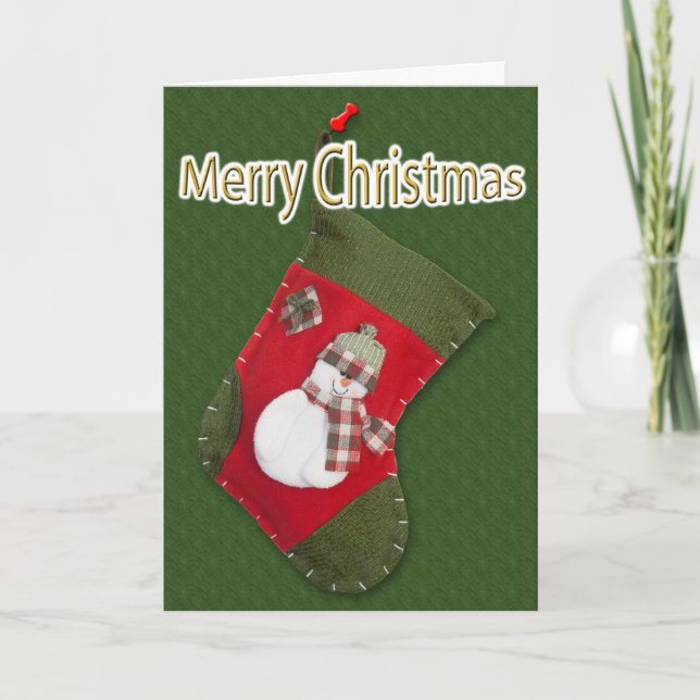Snowman on Christmas Stocking Over Green Holiday Card (Front)