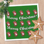 Snowman on Christmas Stocking Over Green Napkin<br><div class="desc">Your personalized napkin design features a tiled photograph of a red and green stocking with an adorable snowman dressed with a seasonal plaid scarf and hat set over a red background. You can remove one or both of the black outlined white Merry Christmas text lines then click Customize to add...</div>