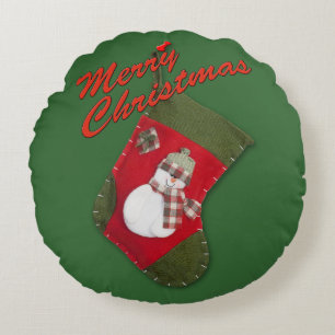 Snowman on Christmas Stocking Over Green Round Cushion
