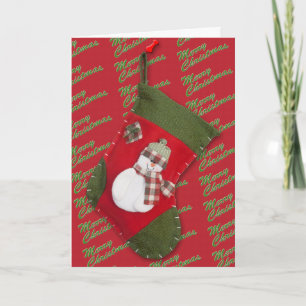 Snowman on Christmas Stocking Over Red Holiday Card
