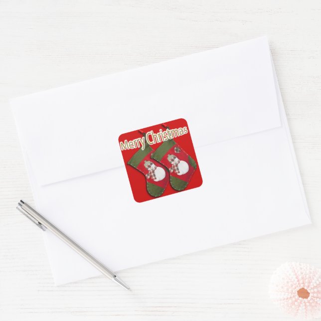 Snowman on Christmas Stocking Over Red Square Sticker (Envelope)