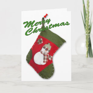 Snowman on Christmas Stocking Over White Holiday Card