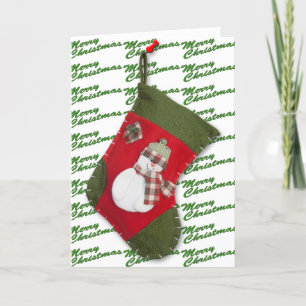 Snowman on Christmas Stocking Over White Holiday Card