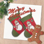 Snowman on Christmas Stocking Over White Napkin<br><div class="desc">Your personalized napkin design features a duplicate photograph of a red and green stocking with an adorable snowman dressed with a seasonal plaid scarf and hat set over a white background. You can remove the black outlined red Merry Christmas text then click Customize to add text in a font style,...</div>