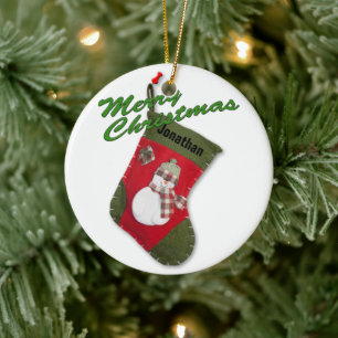 Snowman on Christmas Stocking Photograph Ceramic Tree Decoration