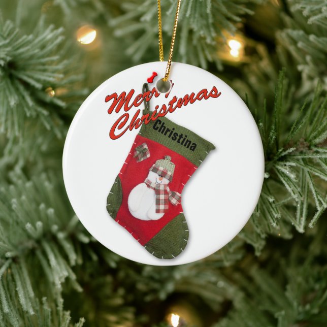 Snowman on Christmas Stocking Photograph Ceramic Tree Decoration (Tree)
