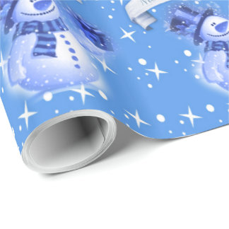 Snowman on Frosty Blue Pattern Wrapping Paper