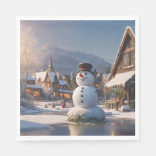 Snowman on ice in a Christmas Village Napkin