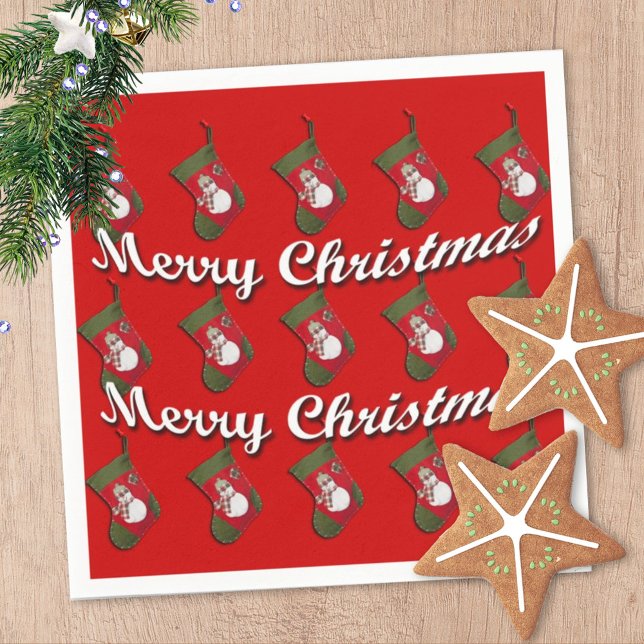 Snowman On Merry Christmas Stocking Over Red Napkin (Creator Uploaded)