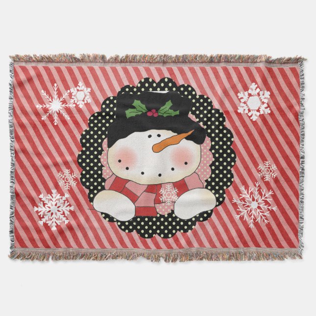 Snowman on Red and Pink Stripe Holiday Throw Blanket (Front)