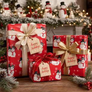 Snowman on Red Christmas Craft or  Wrapping Paper