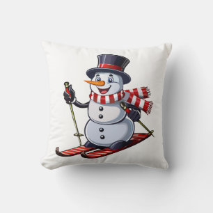 Snowman on skis in a top hat with a striped scarf cushion