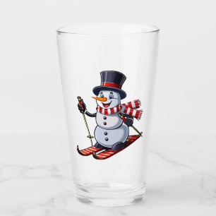 Snowman on skis in a top hat with a striped scarf glass