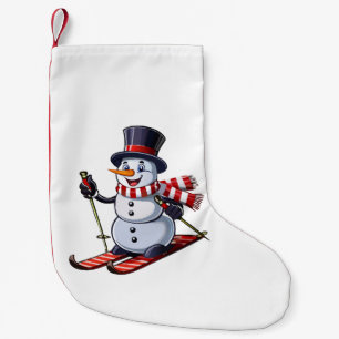 Snowman on skis in a top hat with a striped scarf small christmas stocking