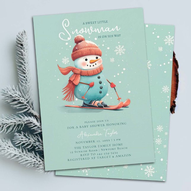 Snowman on Skis Winter Sports Teal Boy Baby Shower Invitation (snowman boy baby shower invitation winter sports skiing watercolor cute adorable teal blue orange )