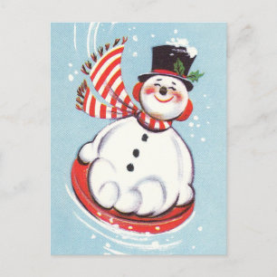 Snowman on Snow Disk Holiday Postcard