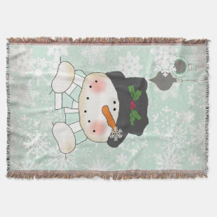 Snowman on Soft Blue Snowflake Holiday Throw Blanket